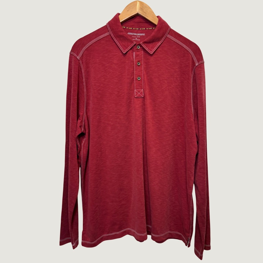 Johnston & Murphy Mens Polo XL Red Long Sleeve Contrast Stitch Slub Knit Preppy